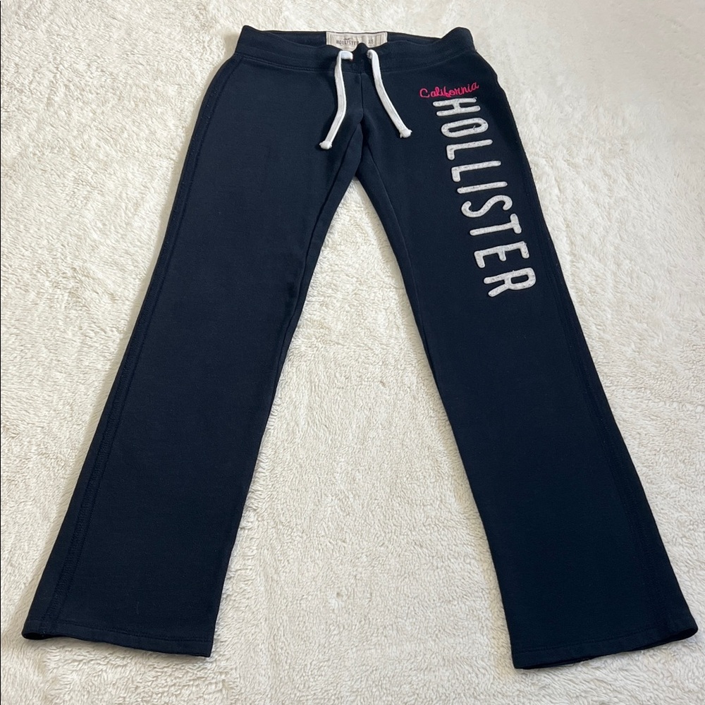 Hollister Black Sweatpants with White Drawstring and Pink Accent